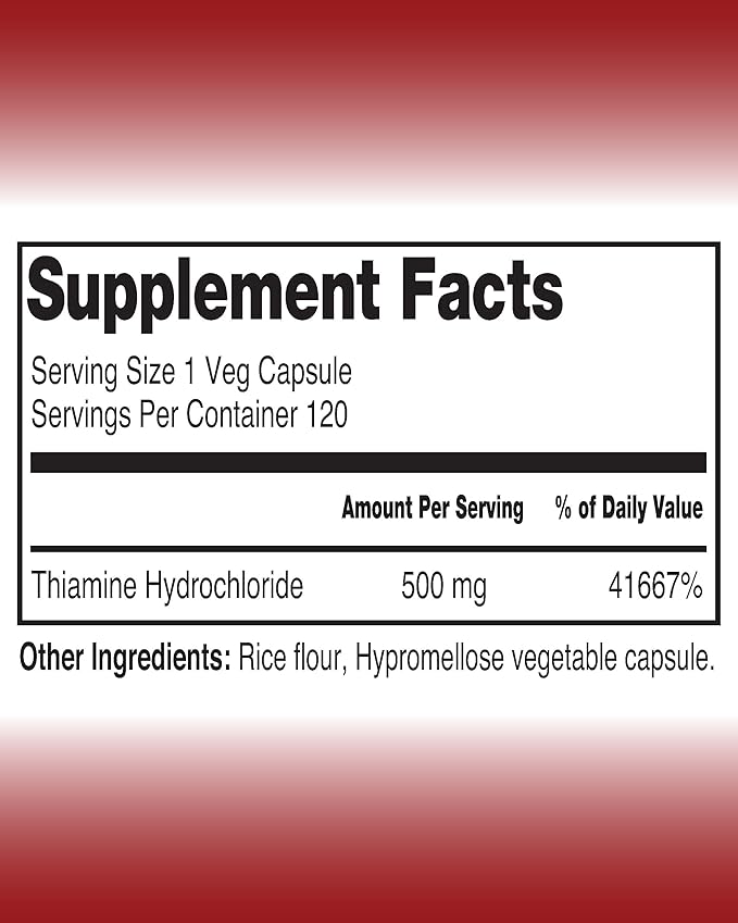 Vitamine B1 Thiamine Hydrochloride Thiamine Hcl 500mg-120 CapsulesVeganNon GMONo Artificial fillers or Stearate additives.