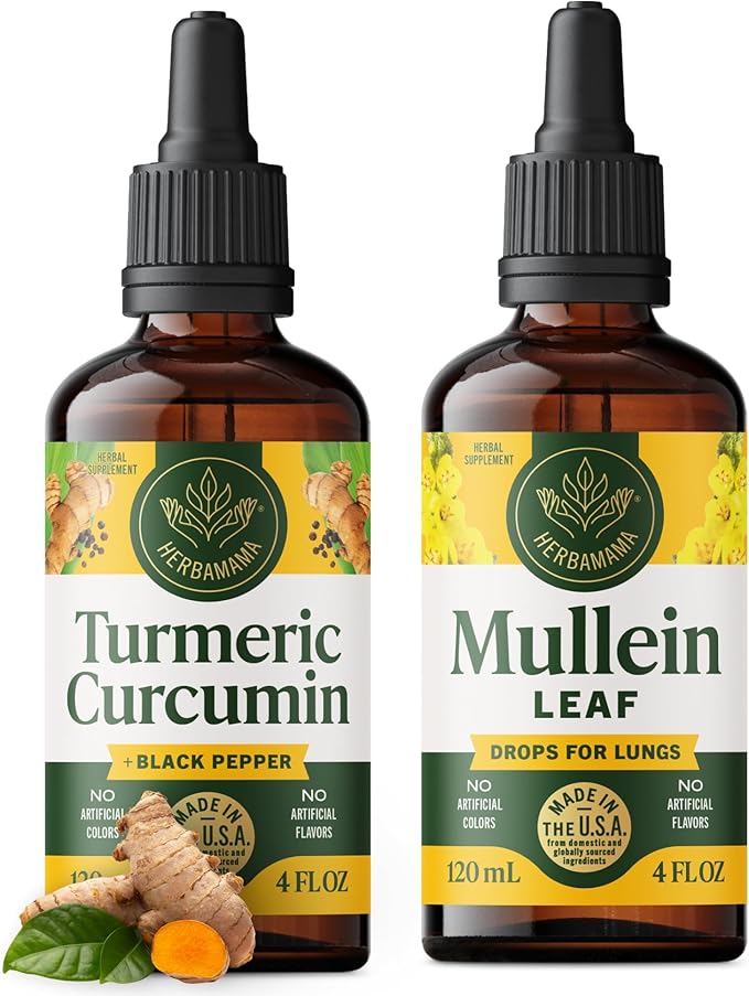 HERBAMAMA Liquid Drops Kit - Bundle of Turmeric Curcumin Extract &amp Mullein Leaf Tincture - Vegan Non-GMO Sugar &amp Alcohol-Free - 2 Pack