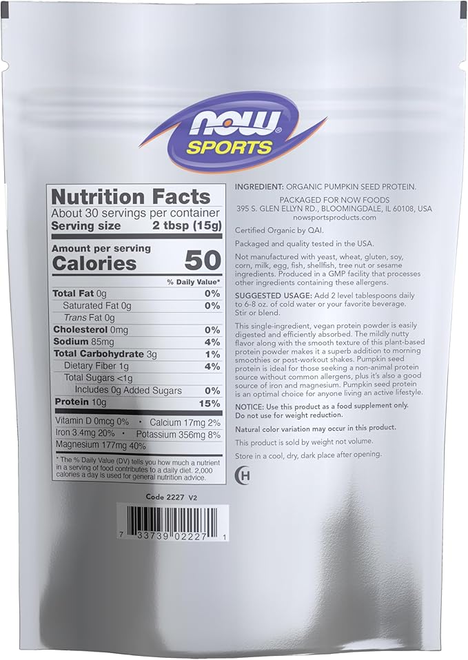 NOW Foods Sports Nutrition Organic Pumpkin Seed Protein Powder With 10g of Protein Certified Non-GMO Unflavored 1-Pound