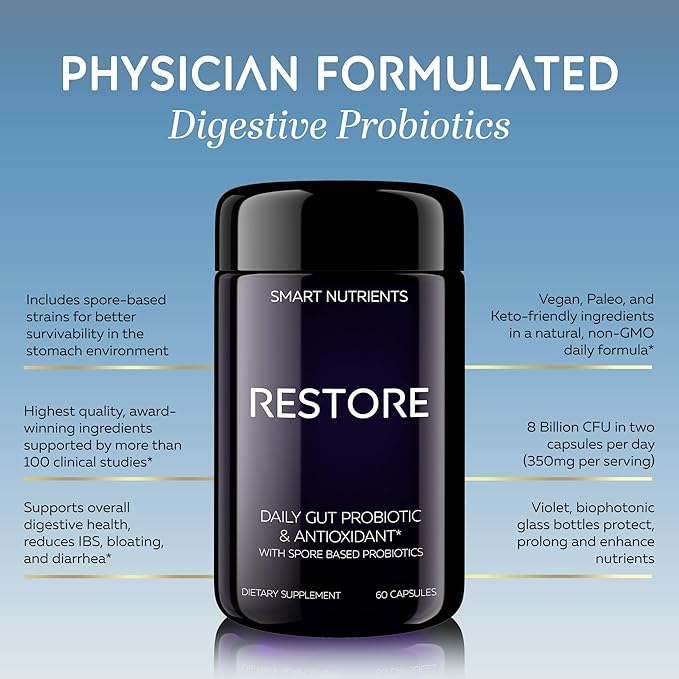RESTORE | Digestive Probiotics &amp Antioxidant Daily Supplement | Supports IBS &amp Gut Health | 4 Clinically Proven Strains Including 3 Spore-Based Probiotics | 60 Capsules | 30 Day Supply 1-Pack