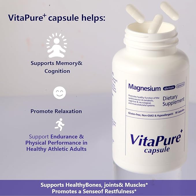 Vitapure+ Capsules Magnesium (Glycinateliposomal) - Supplement to Support Stress Relief Sleep Heart Health Nerves Muscles and Metabolism* - with Magnesium Glycinate - 90 Capsules