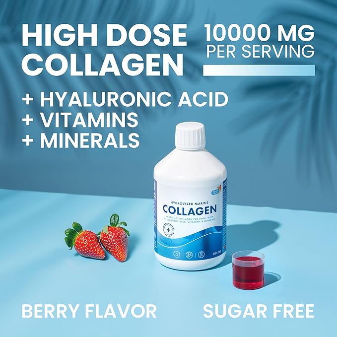 Swedish Nutra 10000 mg Hydrolyzed Marine Collagen Liquid Supplement - 500 ml 20 Day Supply | Hyaluronic Acid Biotin &amp Vitamin C for Healthy Hair Skin Nails &amp Joints | For Men &amp Women