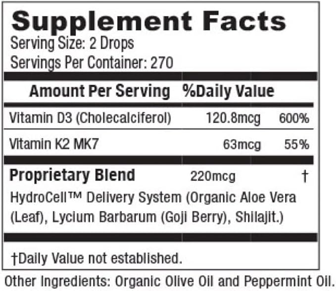 Herbal Nutrition Organic Vitamin D3 K2 Drops – 5000 IU D3 + 63mcg MK7 K2 – 270 Servings Vegan Liquid Supplement Superior Delivery – Bone Heart Immune &amp Mood Support – Peppermint Flavor