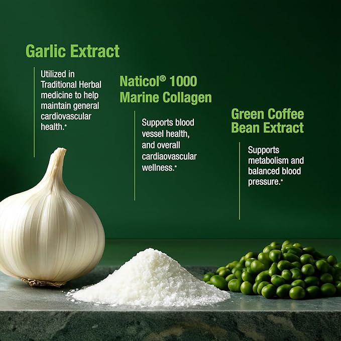 Bell Healthy Blood Pressure Support Unique Blend - Natural Blend of Green Coffee Bean Extract Garlic &amp Celery Seed Extract Supplements with Naticol 1000 Marine Collagen - 120 Capsules Vegan Non