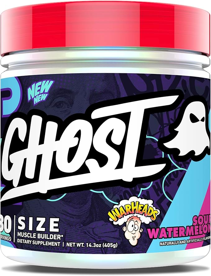 GHOST Size Muscle Builder Dietary Supplement - Warheads Sour Watermelon 30 Servings – Support Muscle Growth &amp Strength Building for Men &amp Women - Creatine &amp Betaine - Free of Sugar &amp
