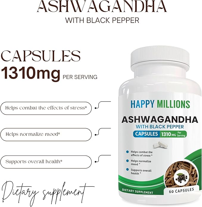 Ashwagandha with Black Pepper | 1310 mg Organic Herbal Supplement | 60 Plant-Based Capsules