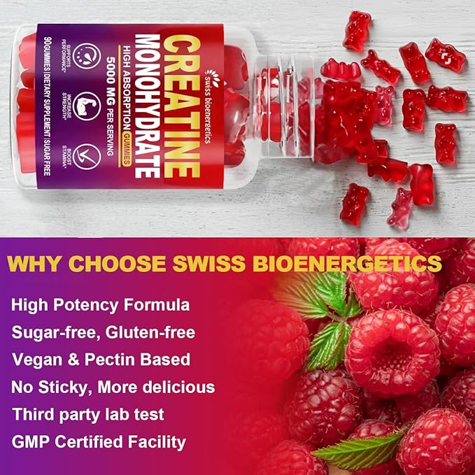 Creatine Monohydrate Gummies Infused with 5g Creatine for Men and Women Chewable Creatine Monohydrate for Muscle Strength Muscle Builder Energy Boost Pre-Workout Supplement- 180 Raspberry Gummies