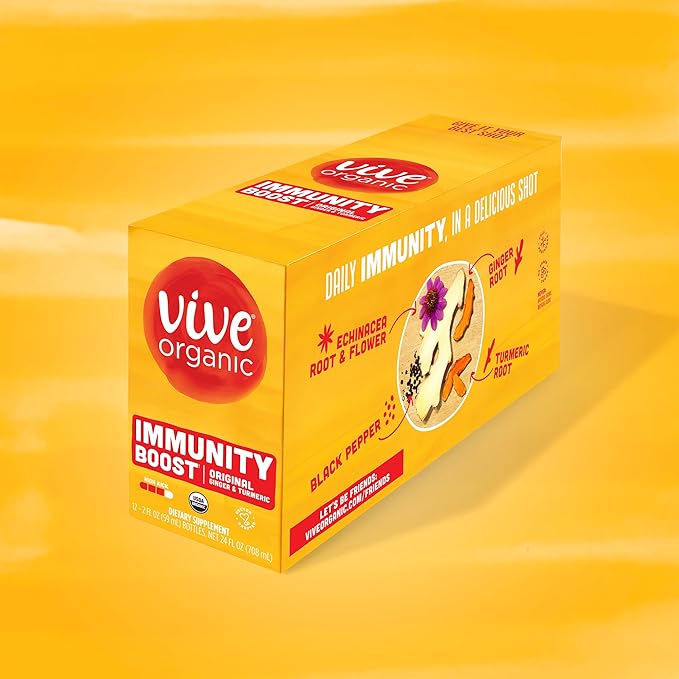 Vive Organic Immune Support Shot Cold-Pressed Ginger Turmeric &amp Echinacea Gluten Free Vegan Immunity Boost Original 2 Fl Oz (Pack of 12)