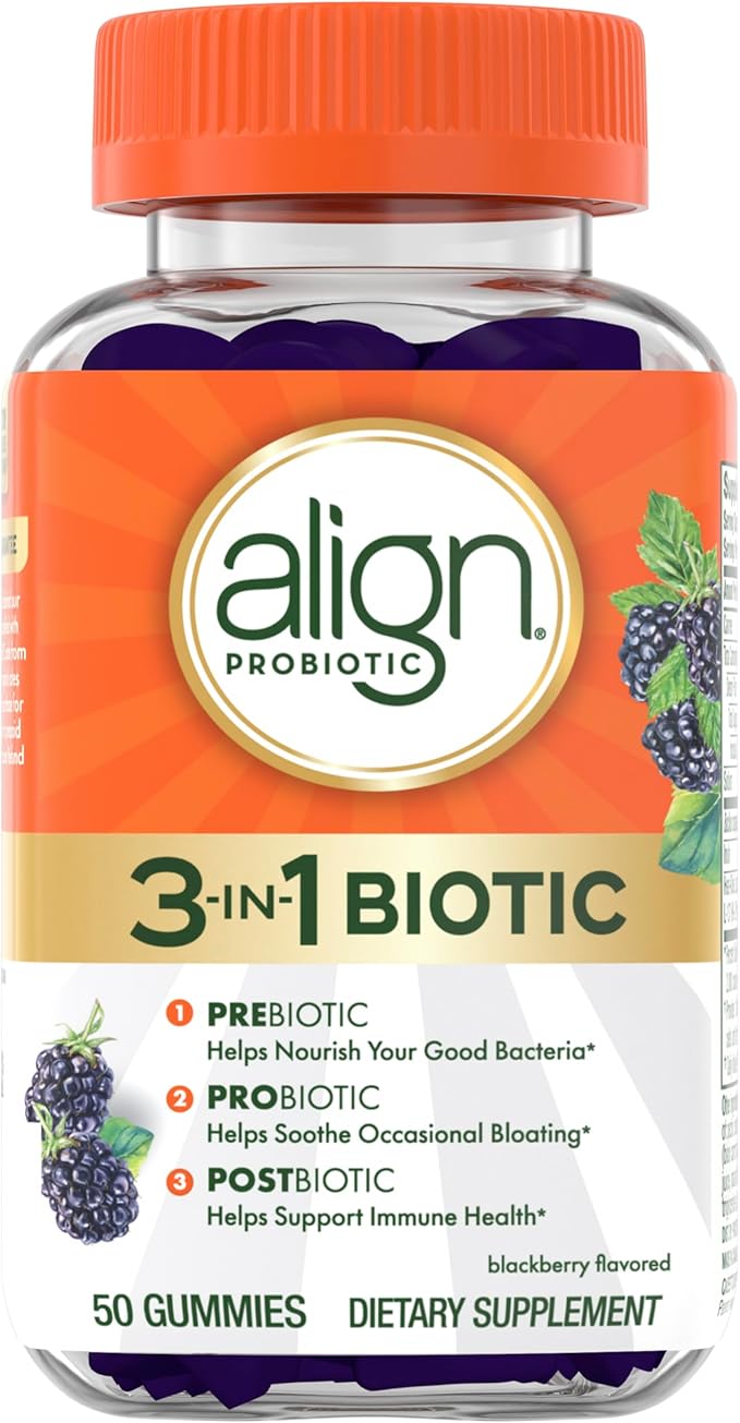 Align Probiotic 3-in-1 Biotic Gummies Prebiotic + Probiotic + Postbiotic #1 Doctor Recommended Probiotic Brand‡ Helps Relieve Occasional Bloating* BlackBerry Flavor 50 Gummies