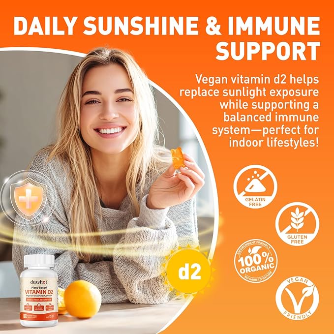 Vitamin D2 Gummies 2000 IU Plant-Based D2 Vitamin Supplement from Whole Mushroom Immune Support Daily Sunshine SupplyVegan Non-GMO Orange 120