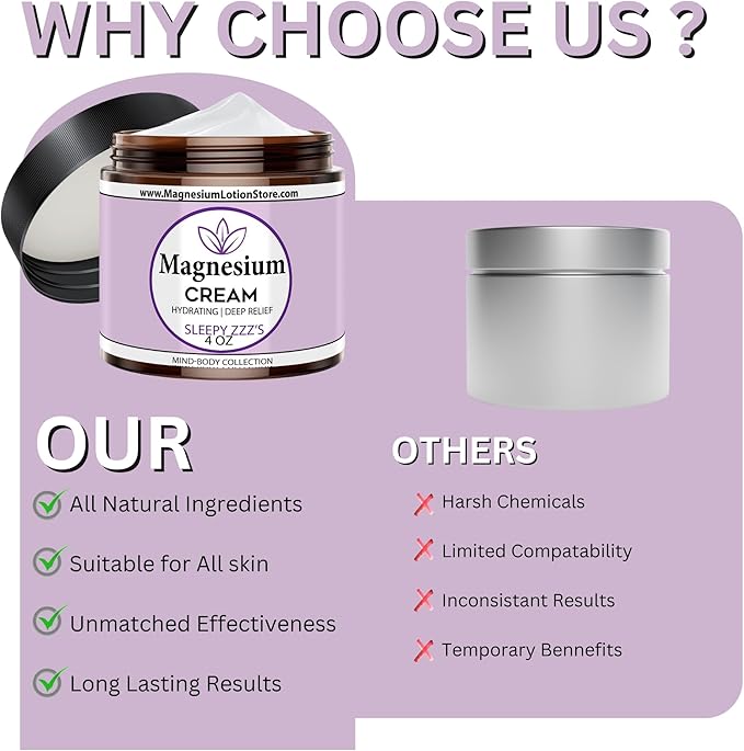 Magnesium Cream with Sleepy Zzz’s Essential Oil Scent Topical Cream for Sleep Leg Cramps &amp Pain Muscle Relaxation Calm Moisturizing Supplement with Coconut Oil Shea Butter Aloe 4 oz USA Ma