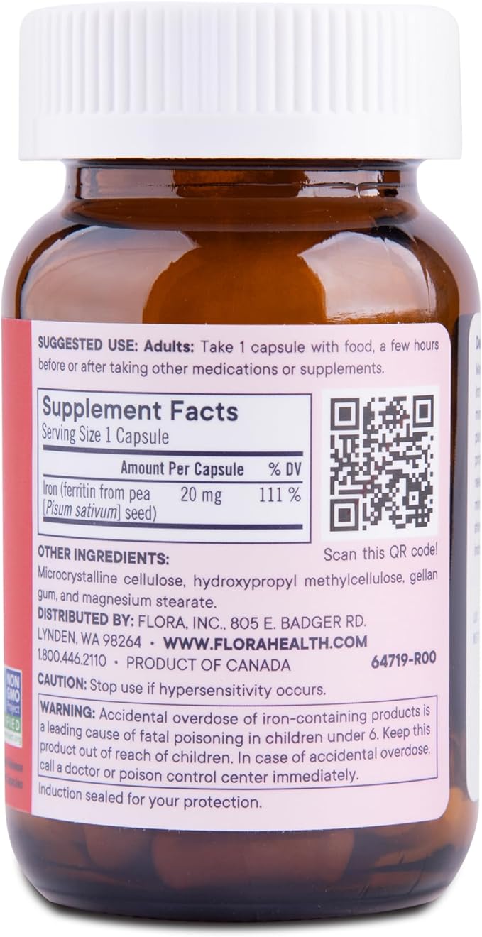 Flora Ferritin+ Delayed-Release Iron Supplement - Plant-Based Iron Supplement - Blood Cell &amp Energy Support - Vegan &amp Gluten-Free - Amber Glass Bottle - 60 Vegan Capsules