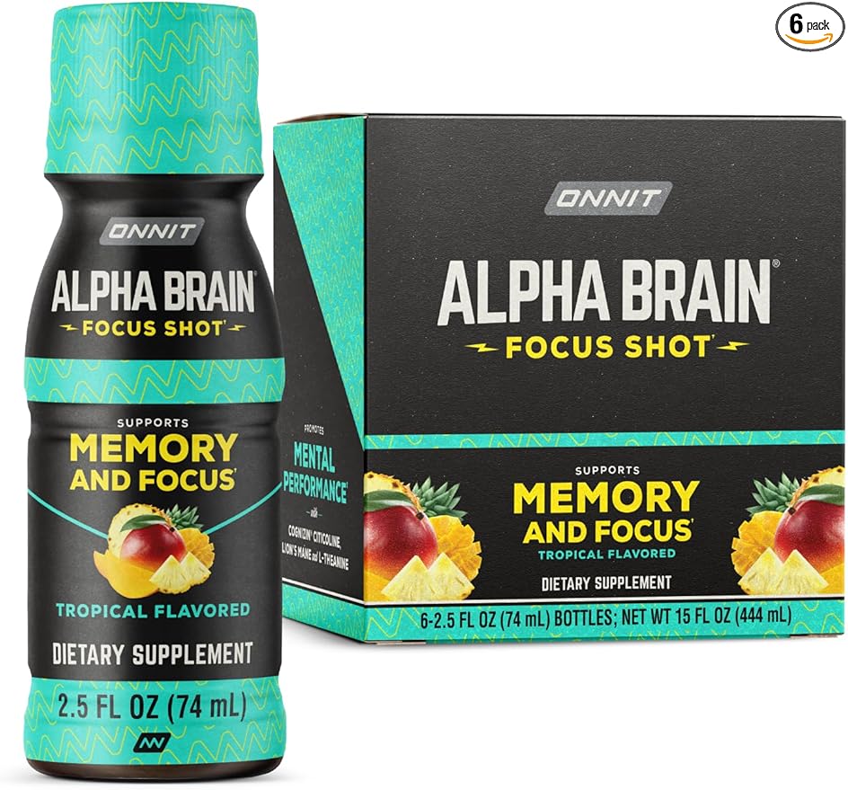 ONNIT Alpha Brain Focus Shot Tropical Flavor Nootropic Dietary Supplement Drink that Supports Energy Focus and Mood IGEN™ Non-GMO Tested 2.5 fl oz 6 Count