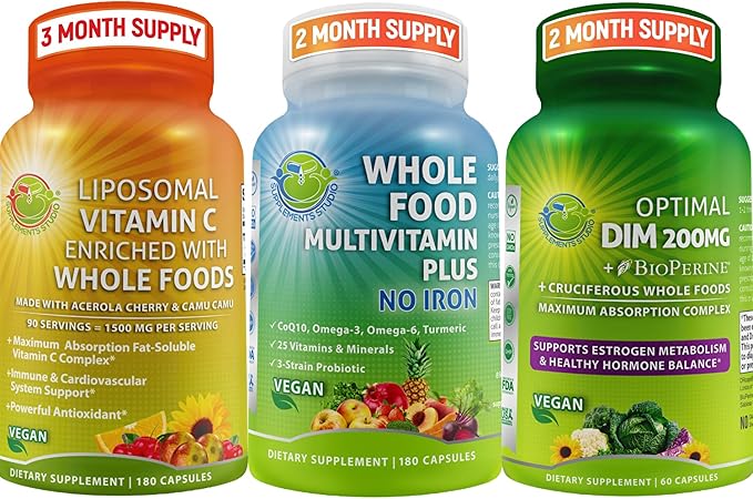 SUPPLEMENTS STUDIO Vegan Immune Energy &amp Hormone Support Bundle for Men and Women – Vegan Whole Food Multivitamin Without Iron + Liposomal Vitamin C 1500mg + Optimal DIM 200mg with BioPerine®