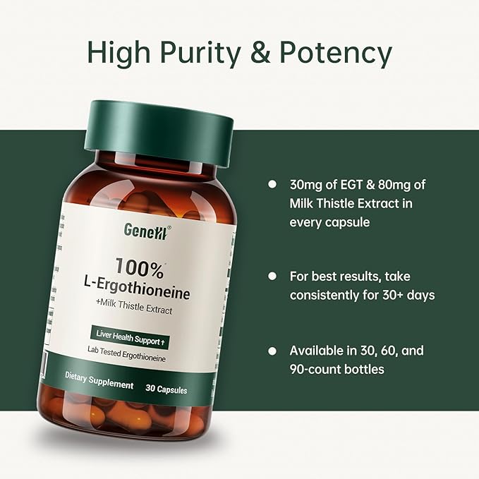 Clinically Studied L-Ergothioneine + Milk Thistle Supplement – Advanced Cellular and Liver Health Support – 30mg 99.99% Ultra-Pure Ergothioneine – Vegan Non-GMO 30 Count