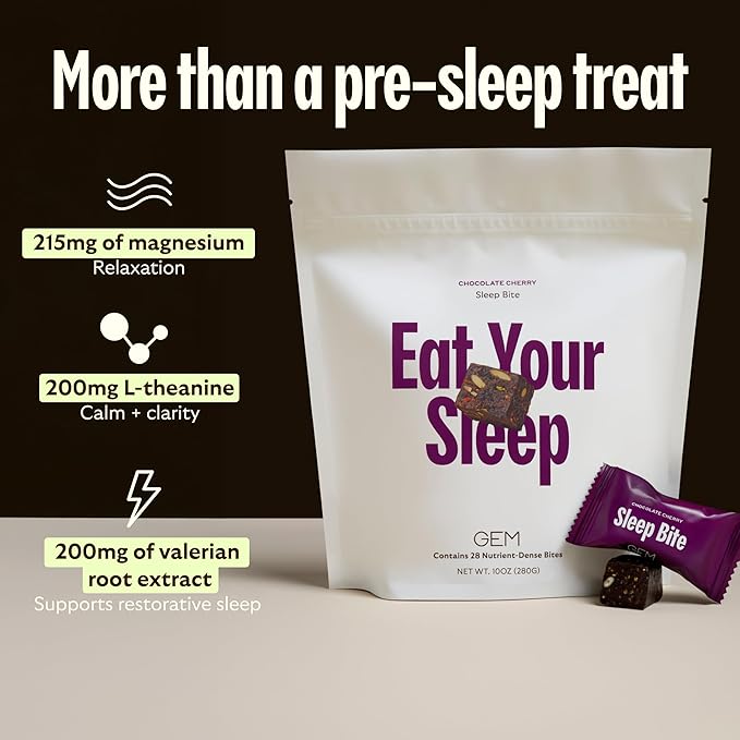 GEM Sleep Aid Nighttime Bite Melatonin Free L-Theanine Magnesium Valerian Root Extract | Vegan and Gluten Free | Earthy Chocolate Cherry (28 Pack)