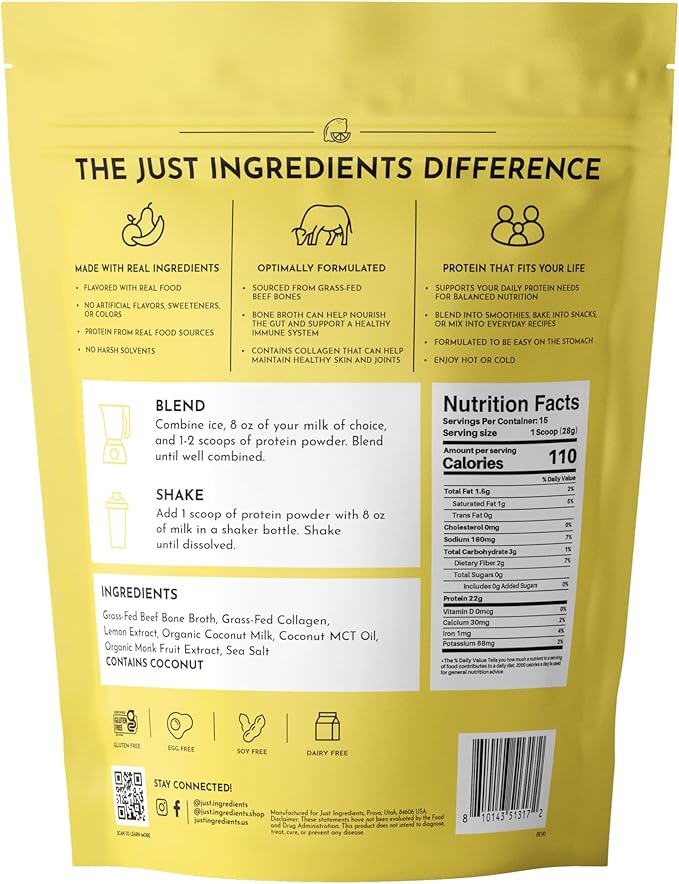 Bone Broth Protein Powder – Lemon Cream | 15 Servings | 21g Grass-Fed Protein per Serving | Dairy-Free | Collagen for Gut Skin &amp Joint Support | Made with Real Food Ingredients