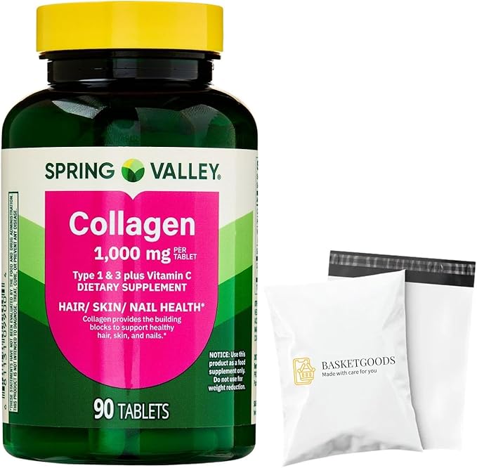 Collagen Type 1 &amp 3 Plus Vitamin C Hair Skin Nails Health Dietary Supplement Tablets 1000 mg 90 Count by Spring Valley (Pack of 1) - Set by Basket Goods