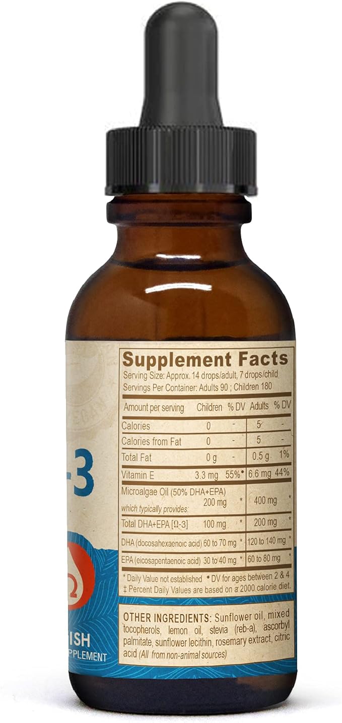 DEVA Vegan Omega-3 Liquid DHA - EPA Non Fish from Algae Lemon Flavor 2 Ounce
