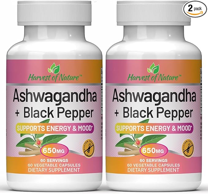 Basic Brands Harvest of Nature Ashwagandha and Black Pepper - Cortisol Reducer Great for Relaxation Focus Mood Support - 60 Capsules - 2-Pack