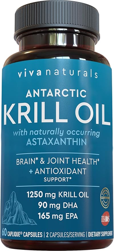 Viva Naturals Antarctic Krill Oil 1250 mg Omega 3 EPA DHA and Astaxanthin Joint Support and Brain Supplement with Antioxidant Properties No Fishy Aftertaste (Pack of 6)
