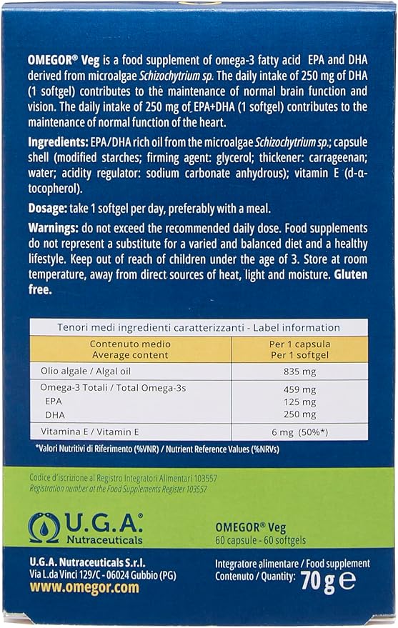 Vegan Omega 3 Supplement OMEGOR Veg - Algae Oil Omega 3 with 250mg EPA and 125mg DHA with Vitamin E - Vegan Society and IFOS Certified (60 Caps)