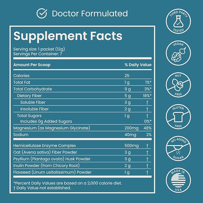Nighttime Prebiotic Fiber Powder with Digestive Enzymes &amp Magnesium Glycinate for Sleep On-The-Go Travel 7 Pack | Gut Health Supplement for Women &amp Men - Bloating Relief Soluble and Insoluble