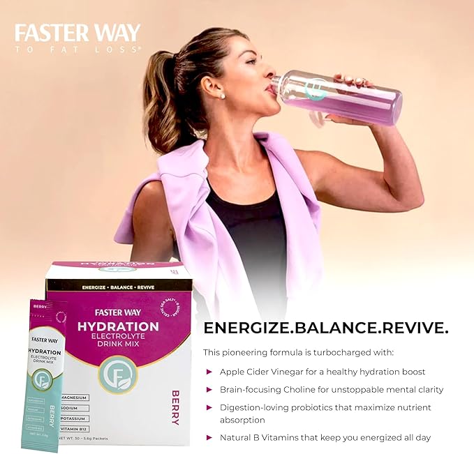 Faster Way - Hydration - Electrolyte Drink Mix - with Apple Cider Vinegar Choline Probiotics &amp Natural B Vitamins - Energize &amp Revive - Powder Packets - Zero Sugars - Gluten Free - Berry - 3