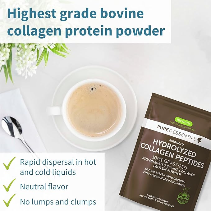 Igennus Free Range Grass Fed Hydrolyzed Bovine Collagen Peptides Neutral Taste 100% Highest Grade Bovine Collagen Protein Powder Types 1 2 &amp 3 Clean Label Non-GMO Free Range 40 Servings