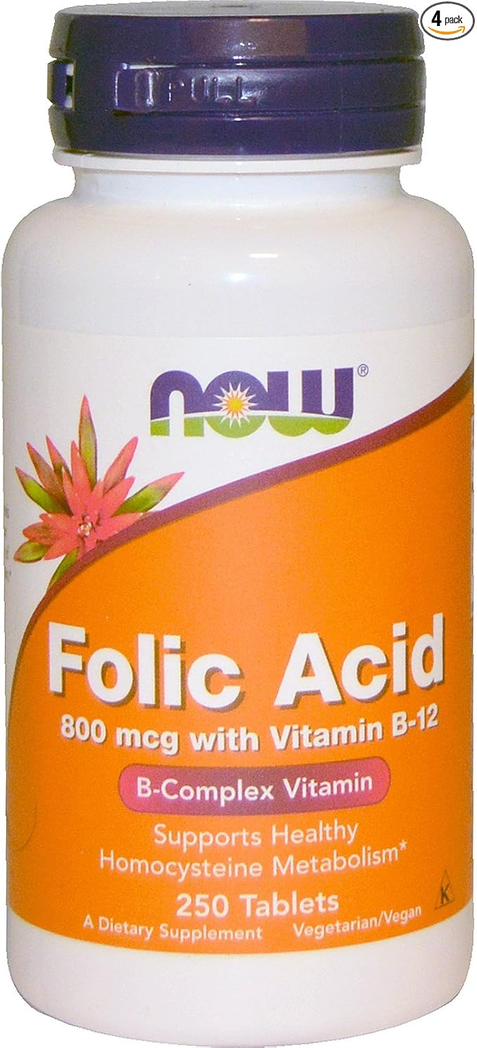 NOW Folic Acid 800mcg 250 Tablets (Pack of 4)