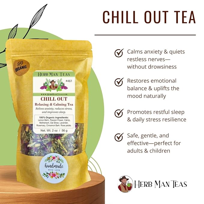 CHILL OUT RELAXING TEA – Calm &amp Stress Relief Support – Organic Loose Leaf – by Master Herbalist Khabir | Lemon Balm Passionflower &amp Lavender | 100% Organic