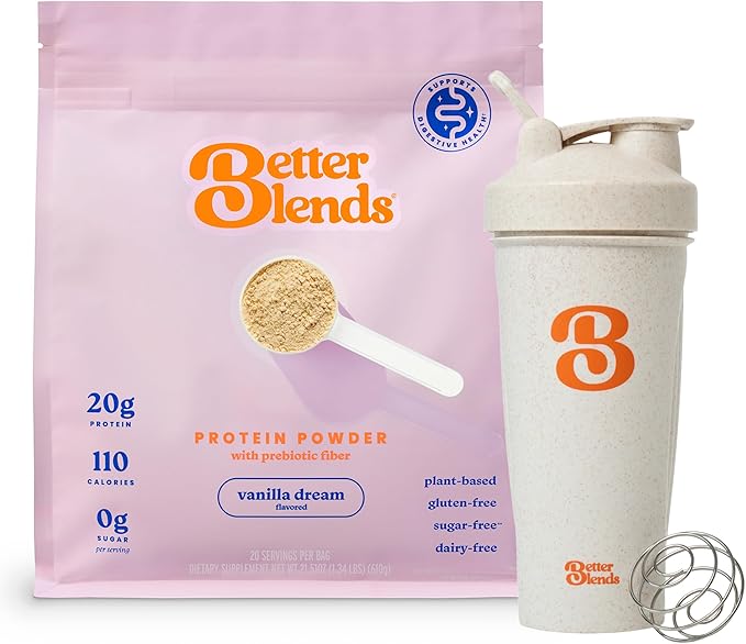 Gut-Friendly Protein Powder + Shaker Bottle for Sensitive Stomachs Low FODMAP 20g Vegan Pea &amp Rice Protein with Prebiotic Fiber Dairy &amp Gluten Free No Gums or Sugar Vanilla Dream