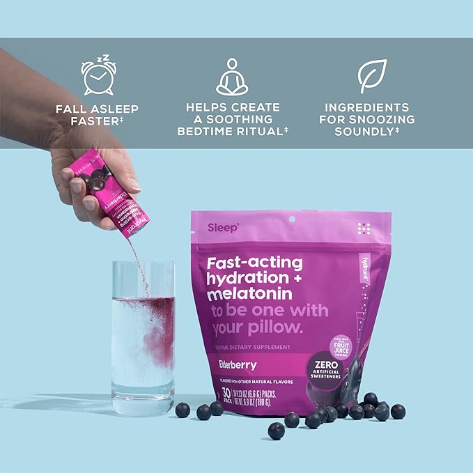 Hydrant - Sleep Electrolyte Powder Elderberry Flavor 30 Rapid Hydration Individual Stick Packs - Sleep Blend of Melatonin L-Theanine Magnesium &amp Chamomile