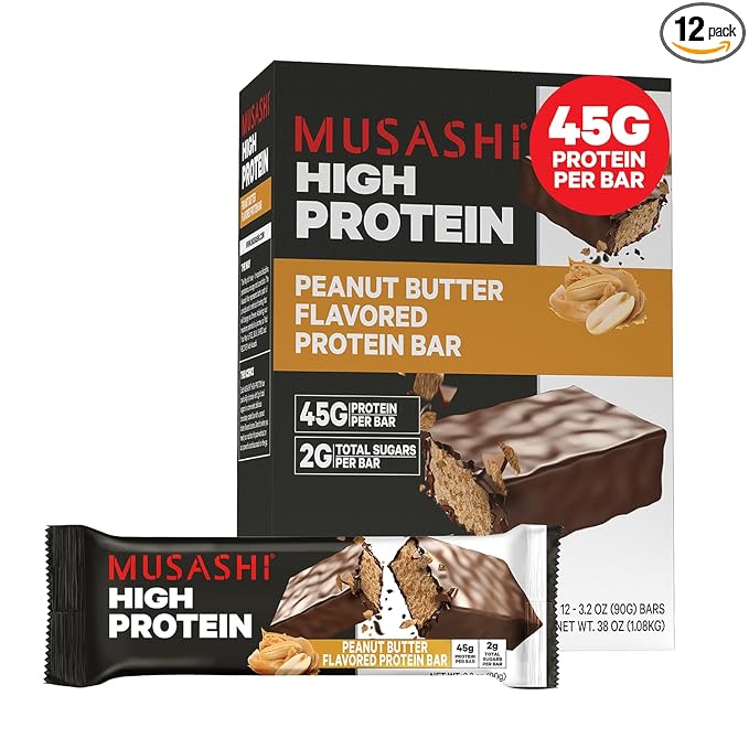 MUSASHI High Protein Bar 45g Protein 2g Total Sugars Peanut Butter &amp Milk Chocolate Coated Post Workout and Protein Snack On The Go 12 Pack of 3.2oz (90g) Bars