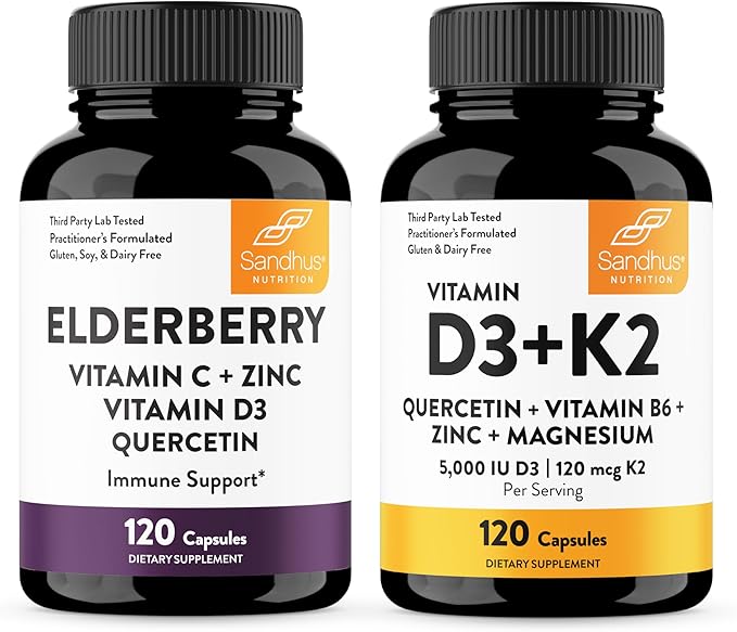 Sandhu's Elderberry &amp Vitamin D3 K2 with Quercetin Capsules (120 Count Each) | Supports Immune Muscle Health &amp Energy