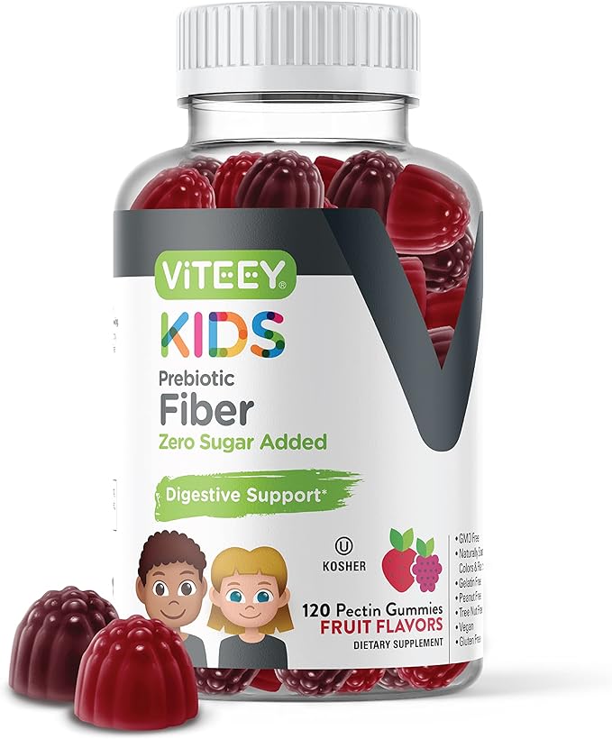Viteey Prebiotic Kids Fiber for Constipation Relief Digestive Health Regularity Support Natural Weight Support - Fiber 4g Zero Sugar Added Vegan Gluten Free - Tasty Chewable Fruit Flavored Gummy