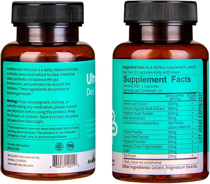 Ultra Gut Daily Cleanse - 15 Day Cleanse with Cascara Sagrada Senna Leaf Psyllium Husk Dietary Fiber 2.5B CFU Probiotics Gut Health Support Non-GMO 30 Capsules (3)
