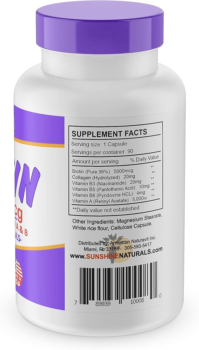 Sunshine Naturals Biotin Dietary Supplement. Supports Healthier Skin Thicker Stronger and Faster Hair and Nail Growth. Enriched with Collagen Vitamin A and B for Hair Loss. 5000 mcg. 90 Capsules.