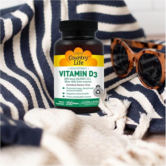 Country Life Vitamin D3 10000 IU – High Potency Non-Fish Source – Bone &amp Immune Support – Certified Gluten-Free – 200 Softgels