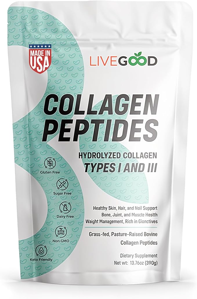 LIVEGOOD Collagen Peptides Powder Hydrolyzed Type I and III Collagen for Hair Skin Nails and Joints Unflavored Grass-Fed Collagen Supplement for Mobility and Recovery (30 Servings)