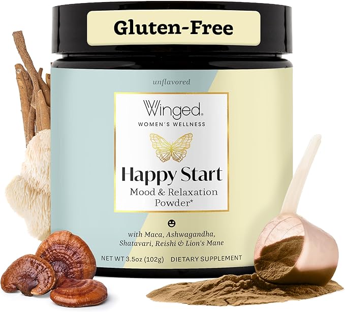 Winged Wellness Happy Start Mood Boosting Drink Mix Powder for Women - Happy Mind &amp Hormonal Health Mood Support Supplement with Red Maca Ashwagandha Mushrooms &amp Shatavari