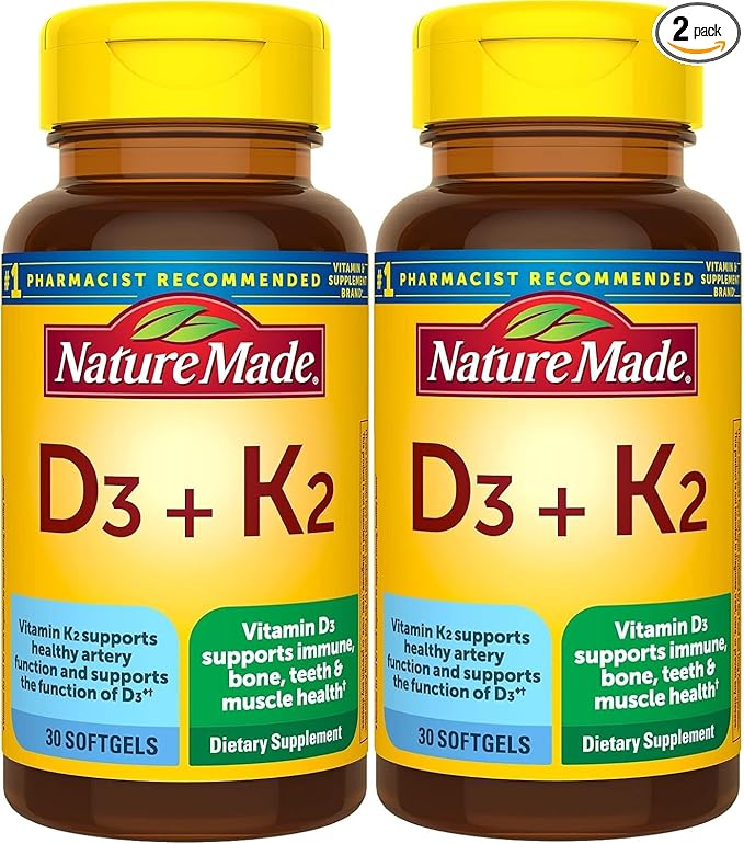 Nature Made Vitamin D3 K2 5000 IU (125 mcg) Vitamin D Dietary Supplement for Bone Teeth Muscle and Immune Health Support 30 Softgels 30 Day Supply - Pack of 2