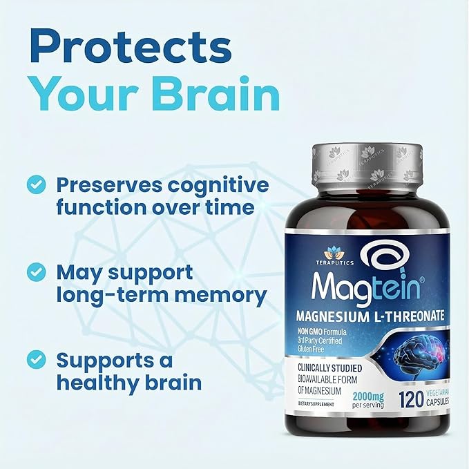 Magnesium L Threonate Magtein Brain Supplement for Memory Focus Sleep and Cognitive Support High Absorption Magnesium L-Threonate Non-GMO No Laxative Effect – 2000 mg 120 Vegan Capsules