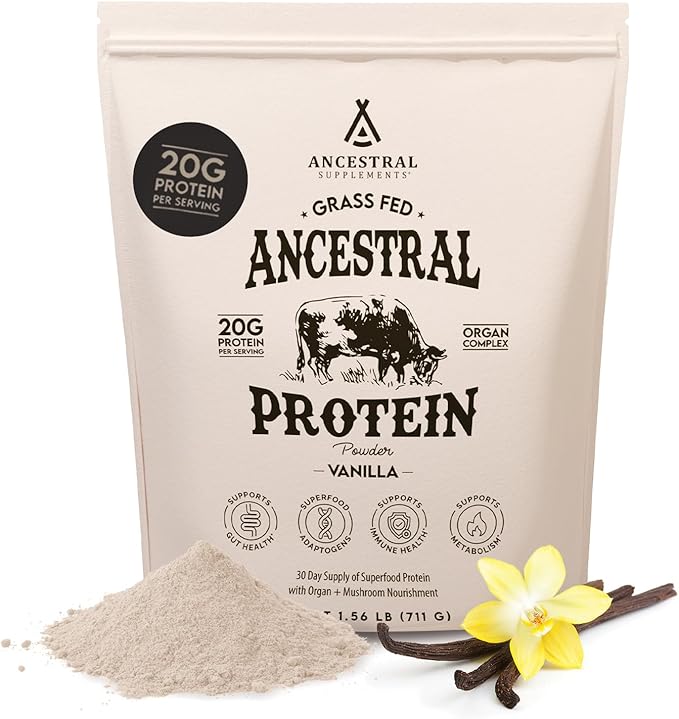 Ancestral Supplements Grass Fed Protein Powder Vanilla Beef Bone Broth Based with Beef Organs &amp Organic Mushrooms Gut Health Support High Protein Supplement 20g Protein Per Serving 30 Day Su
