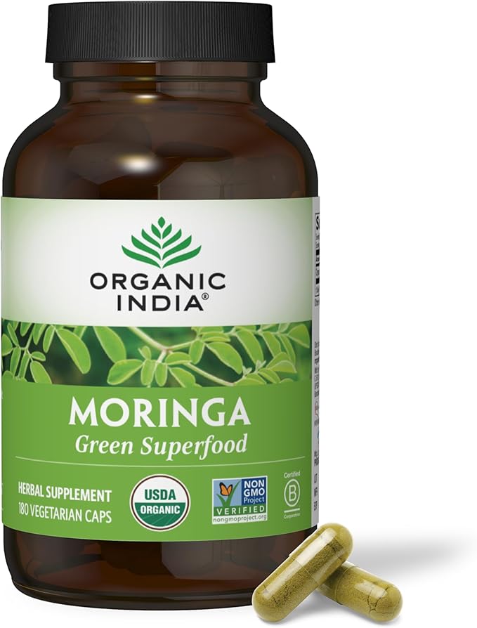 ORGANIC INDIA Moringa Capsules Organic - Moringa Supplement - Green Superfood Pure Supergreen Vegan Greens Nature's Multivitamin Vegan Gluten-Free - 180 Capsules