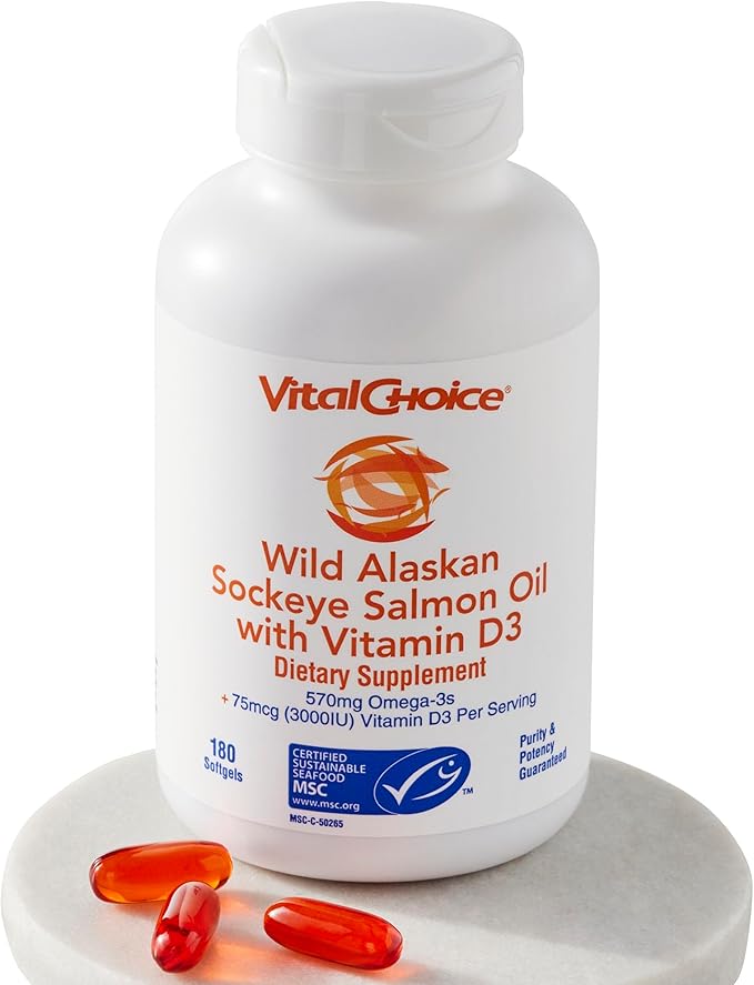 Vital Choice MSC Wild Alaskan Sockeye Salmon Oil and Vitamin D3 Dietary Supplement 180 Softgels