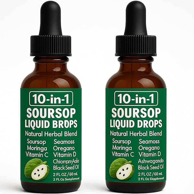 QIZFYZZ Soursop Natural Drops 10-in-1 Soursop Extract Drops with Sea Moss Moringa Turmeric Black Seed Oil Oregano Ashwagandha Immune Support | Improving Gut Health | Heart Health 2 Fl Oz (2)