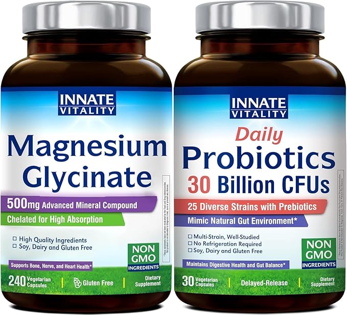 Innate Vitality Daily Wellness Bundle: High Absorption Magnesium Glycinate 500mg + 30 Billion CFU Probiotics with Prebiotics – Support for Nerve Bone Heart &amp Digestive Health – Non-GMO Vegan 2