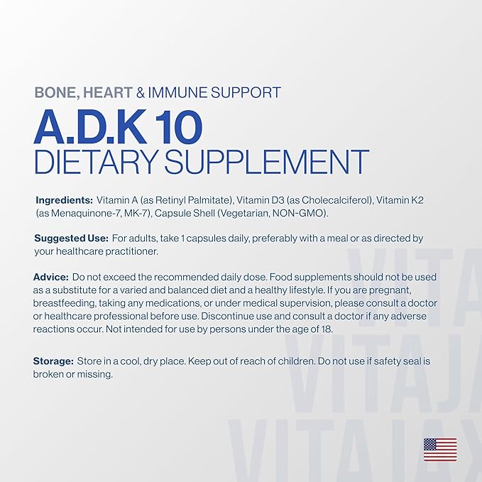 ADK 10 - Vitamin ADK Supplement 90 Capsules - High Potency Vitamin A D3(10000 IU) K2 as MK-7 for Bone Heart &amp Calcium Absorption – Non-GMO Gluten Free (3-Month Supply)
