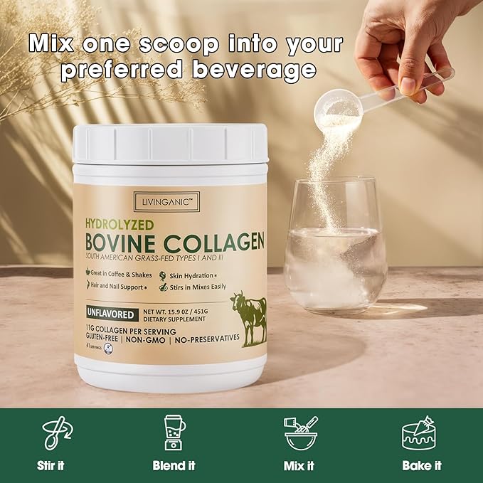 Collagen Peptides Powder Unflavored 15.9oz Hydrolyzed Bovine Collagen 41 Servings Types I &amp III Grass-Fed Pasture-Raised Protein Zero Sugar Supplement